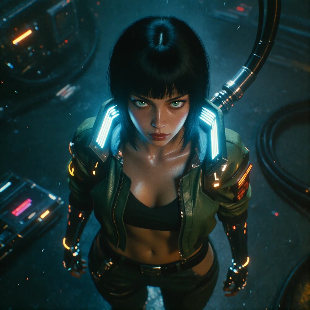 dtl4ev_stx, 1girl, green eyes, jacket, black hair, solo, looking at viewer, navel, breasts, bangs, open clothes, pants, midriff, open jacket, cyberpun