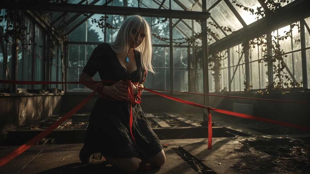 Inside a forgotten greenhouse, glass shattered, vines creeping through. She binds him with red ribbons—cruel kindness, gold-wound grace. Dramatic side-lighting, sharp focus, both well-lit. She: platinum windswept hair, icy blue eyes, charcoal lace dr