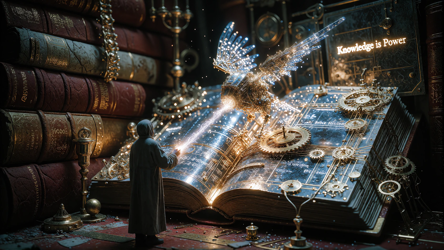 Capture a lone figure standing before a colossal wall of ancient and modern knowledge fused together, half-lit by golden lamplight, half-illuminated by holographic blue data streams. Show weathered leather-bound tomes seamlessly merging into floating