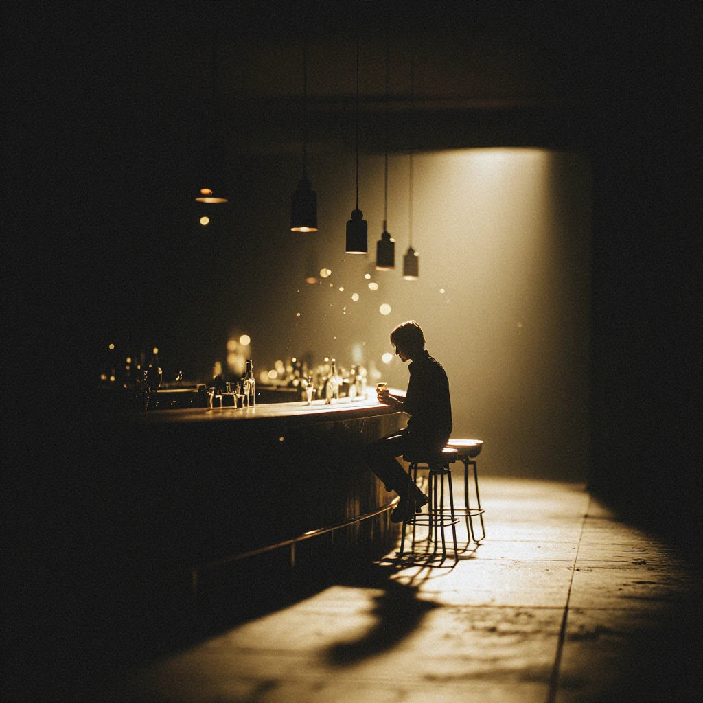 A solitary figure's silhouette seated at a bar counter bathed in warm amber light, gentle golden rays streaming through dusty windows creating soft halos and lens flares, empty bar stools beside them emphasizing isolation, glasses and bottles catchin
