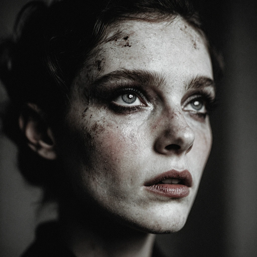 Art purifies our souls from the darkness of everyday life… It is in this spirit that we have created a striking, expressive and sombre image, in the style and atmosphere of #Fellini . extrême close up Create a scene for us that feels like a forbidden