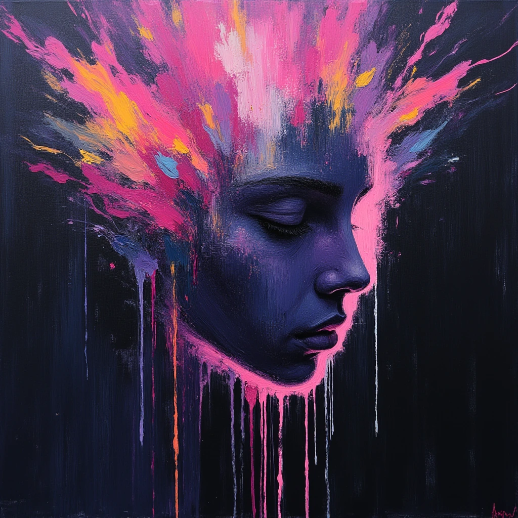 Colors erupt like thoughts in turmoil. From swirls, drops, and lines emerges a face that seems born from stillness. Creativity pulsates like a heartbeat, forming order from wild chaos and making art become breath.