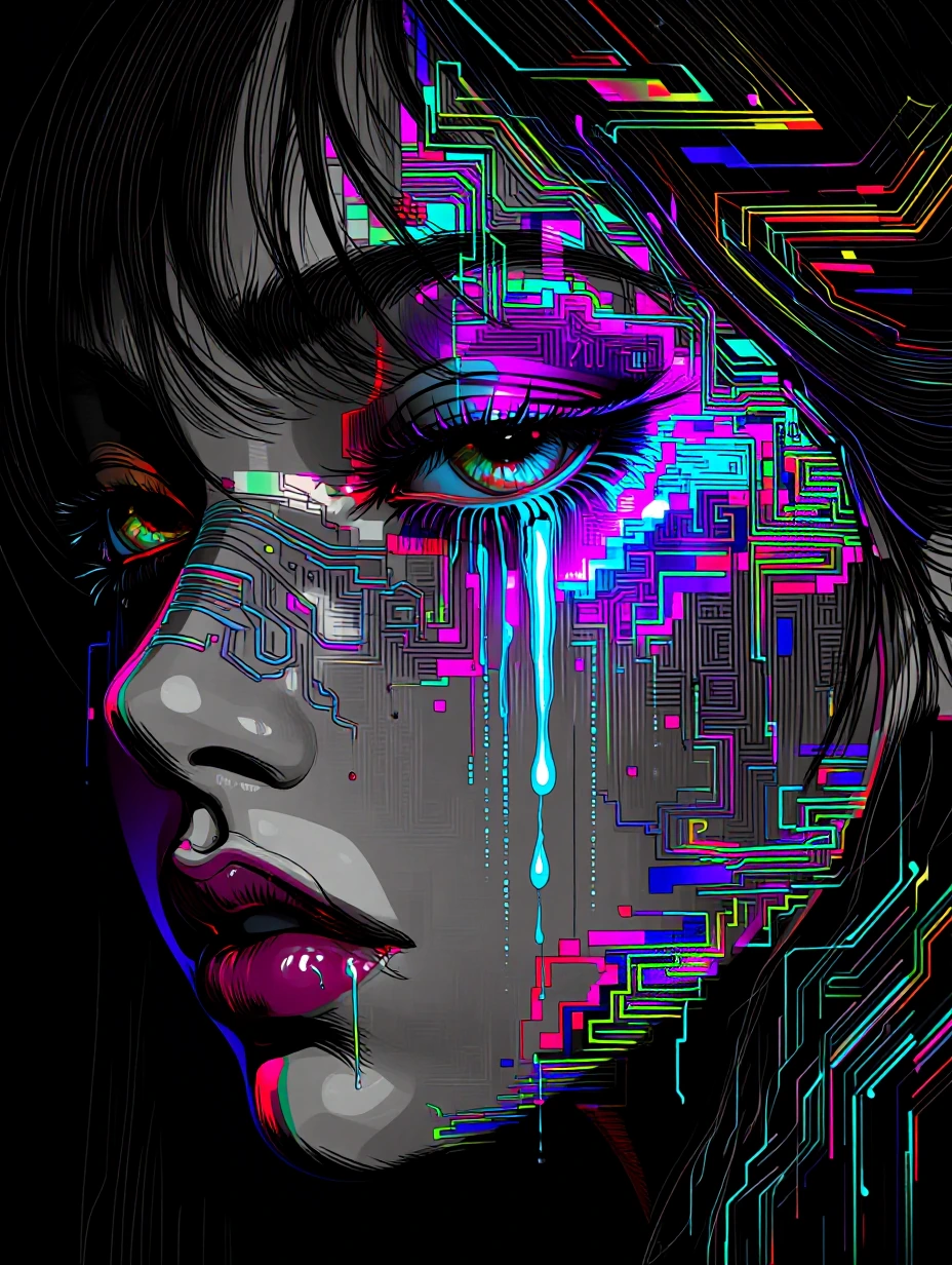 # Neon Digital Tears A striking profile portrait merges human vulnerability with cyberpunk aesthetics. Luminescent tears stream from an eye glowing ma