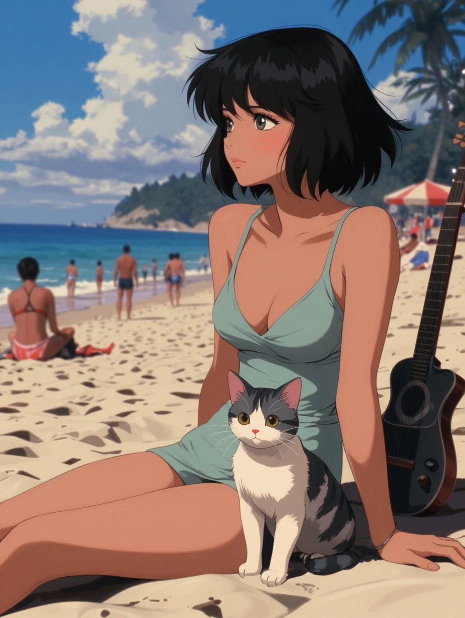 Woman and cat relaxing on a busy beach. 80s anime style
