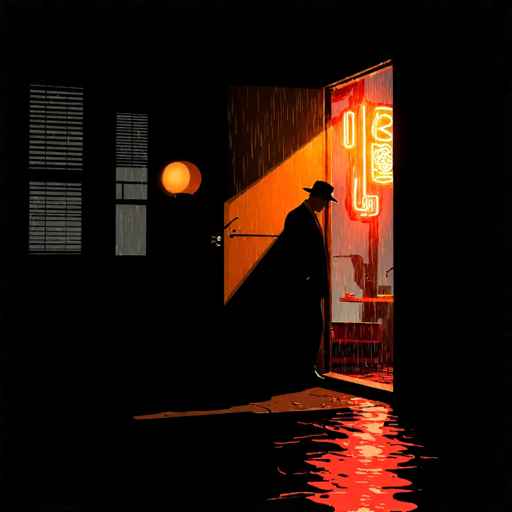 Film noir detective scene, venetian blind shadows slicing across rain-dampened room, hard-edged light creating sharp geometric patterns on wet surface