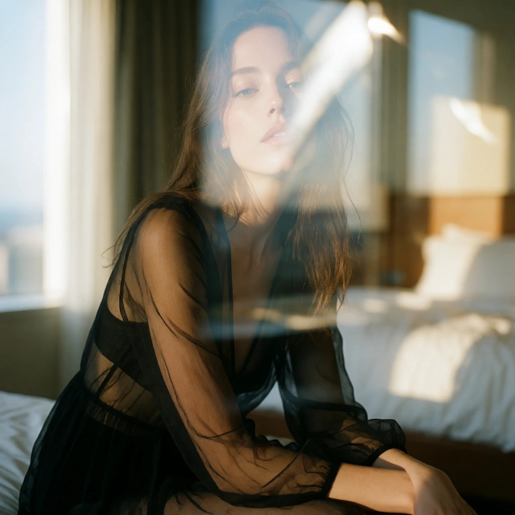 A realistic editorial portrait of a woman, 30 years old, indoors, italian, full lips, sitting in a hotel room. Warm natural daylight floods the room,