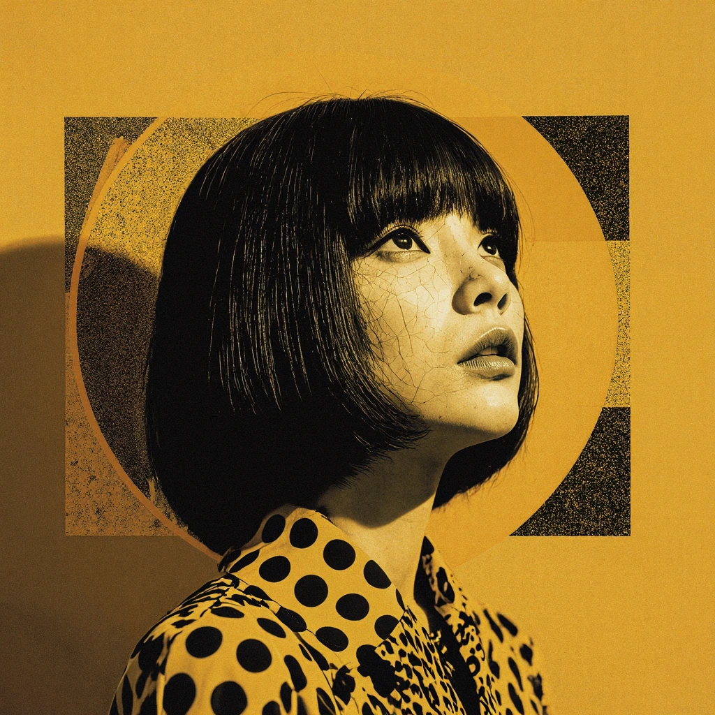 Black and white collages with mustard yellow background. Low-angle close-up of an East Asian woman shown in 3/4 view with her head tilted back. She ha