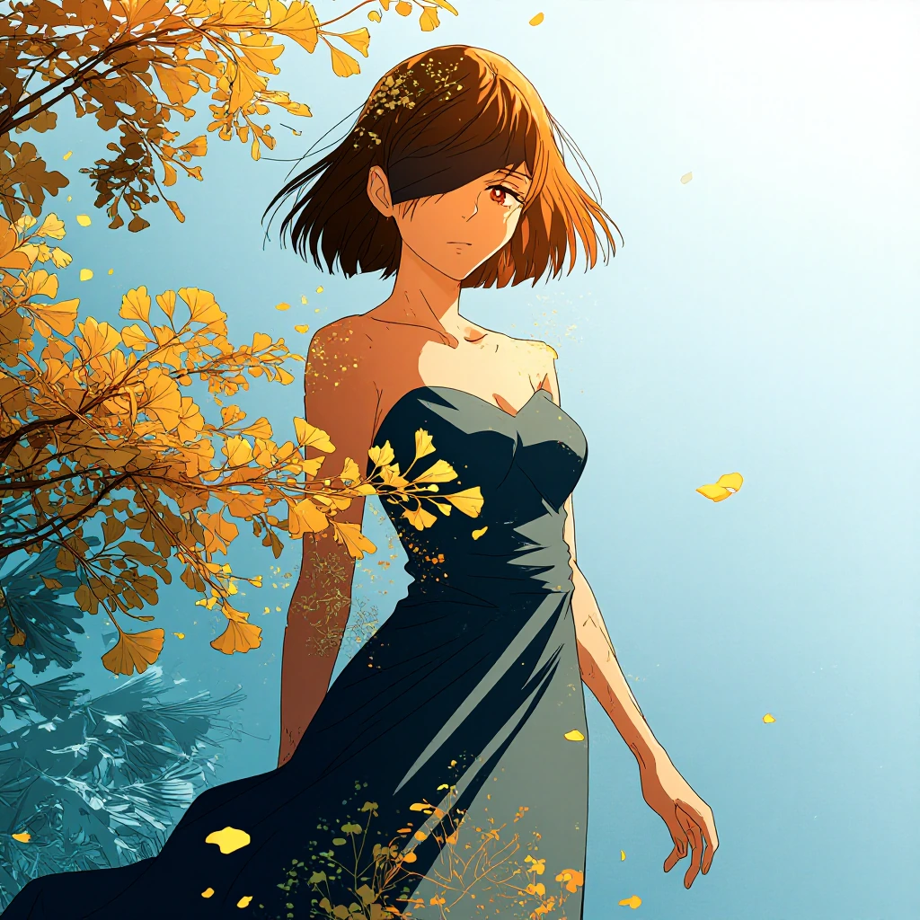 Girl with short brown hair, one eye covered, red eyes, pale skin, wearing strapless blue dress made of nature, standing center-frame looking at viewer