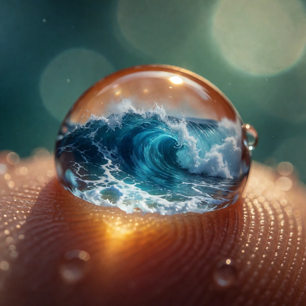 A single dewdrop on a fingertip holds a complete ocean in miniature — sapphire waves with white foam, a spiraling storm at its core, all refracted and glowing through the curved lens of the droplet. Shot at extreme macro with amber backlight rimming 
