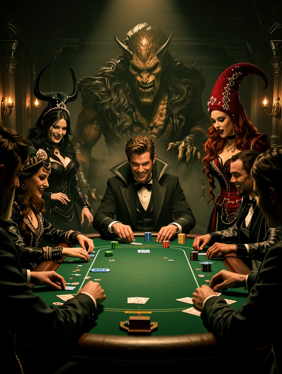 Vampire, Werewolf, Swamp Monster, Ghoul, Witch and Succubus are all playing Poker in an Old West Gambling House.