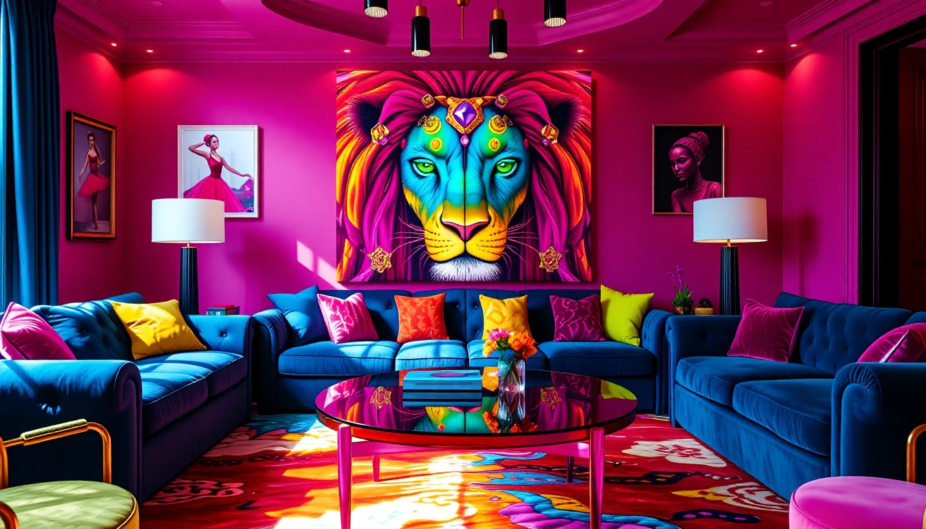 A bold, maximalist interior, an explosion of vibrant colors, where a portrait of a nonconformist lion's head becomes the soul of the space. The living room features a deep sapphire blue velvet sofa, decorated with mismatched cushions in shades of ele