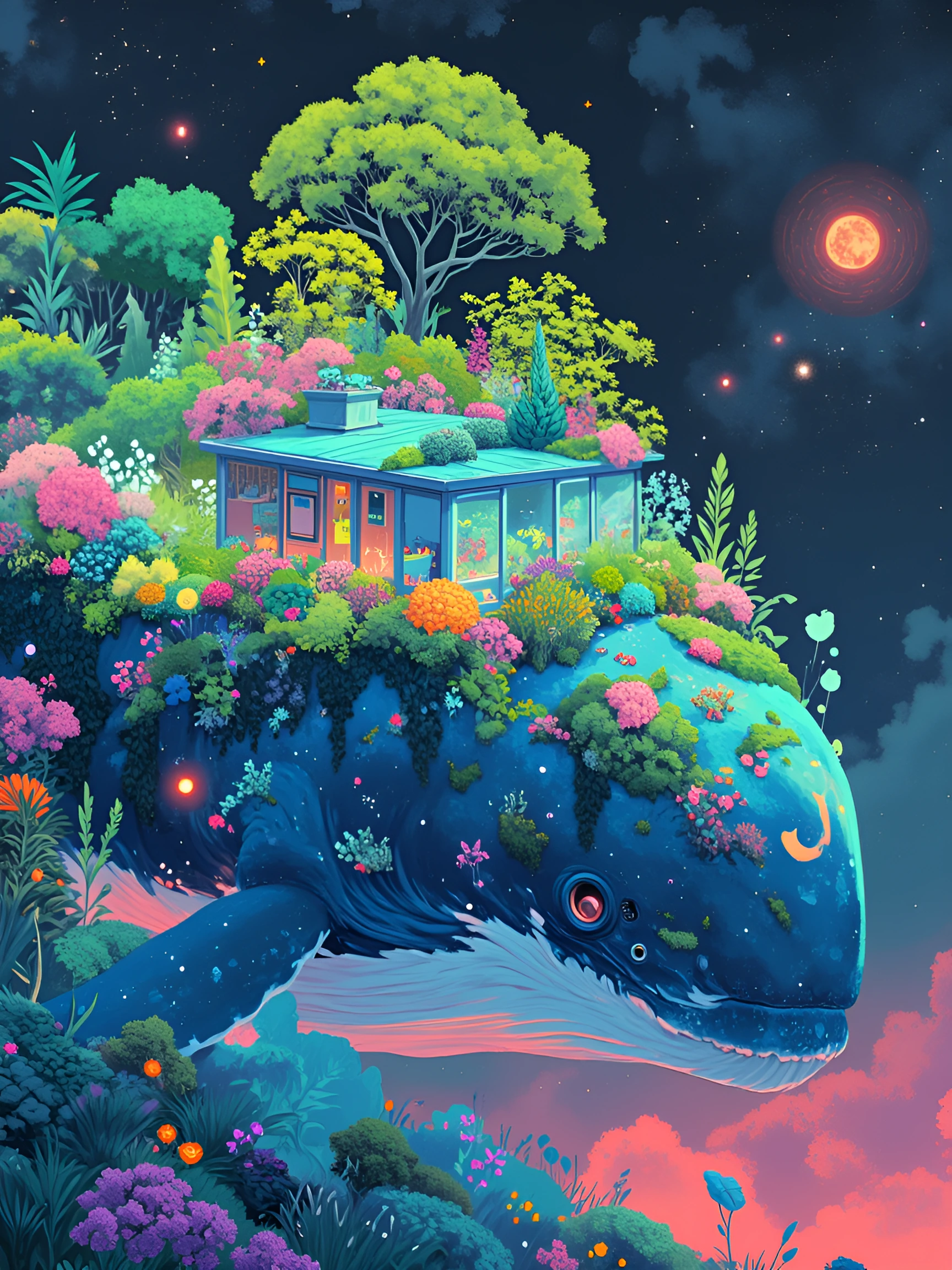 A galaxy greenhouse made of galaxy themed luminous plants on the back of a whale. 90s cartoon style anime vibe. Closeup intensity