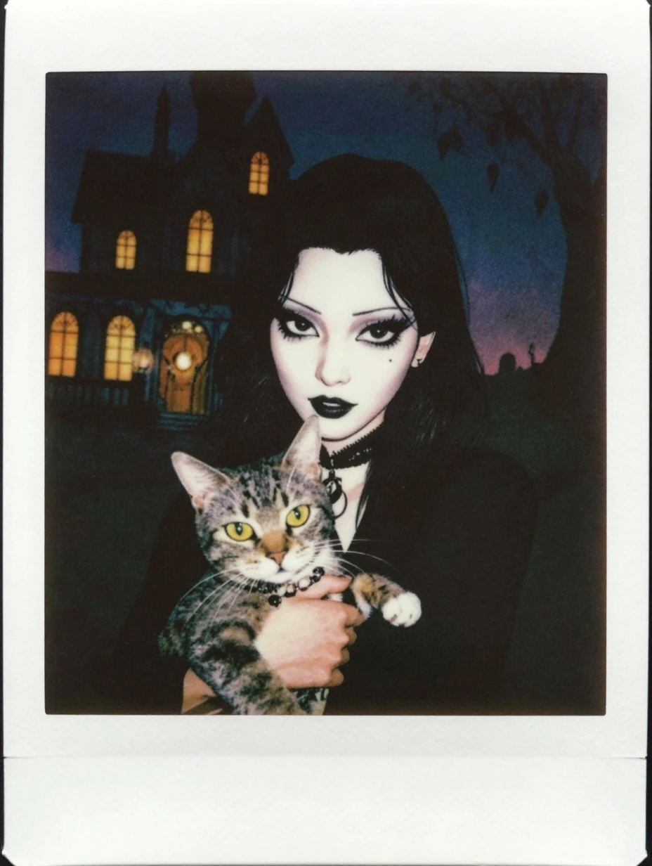 Closeup Dark goth woman with a cat, haunted house