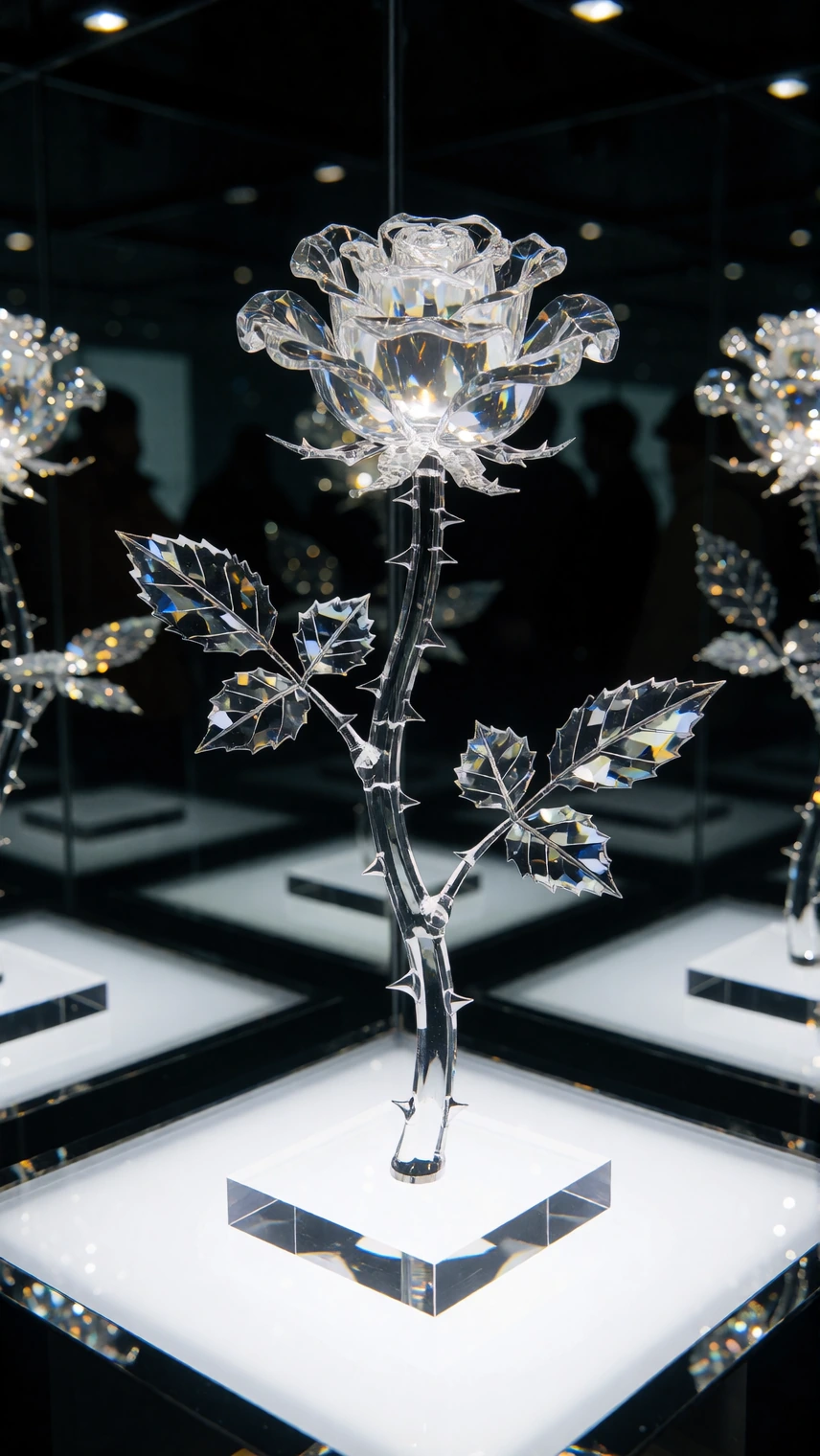 Realistic RockDiamond glass like rose and thorny stem on a brightly well lit stand surrounded by mirrors