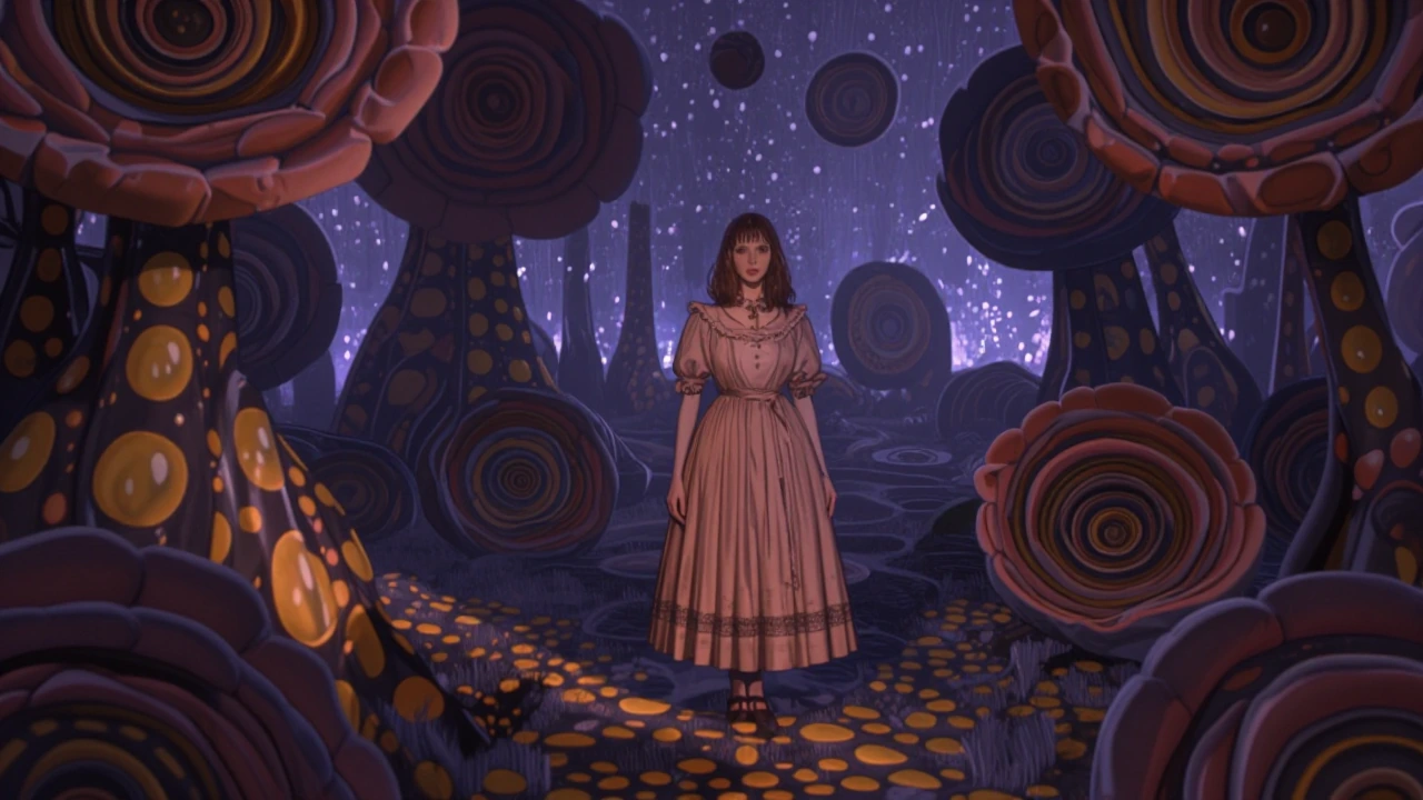 A wideshot cinematic keyframe of Alice in a melancholic Wonderland rendered as a Tim Burton-meets-Yayoi Kusama fever dream: a young woman in a disheve