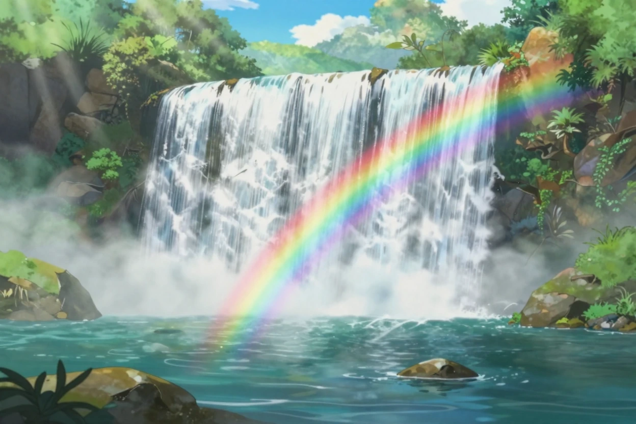 Cinematic anime style landscape, powerful waterfall cascading into a clear pool with a vibrant rainbow in the mist, lush green surroundings and sunlight rays, bright and dreamy colors, high detail, peaceful and magical, wide landscape composition sui