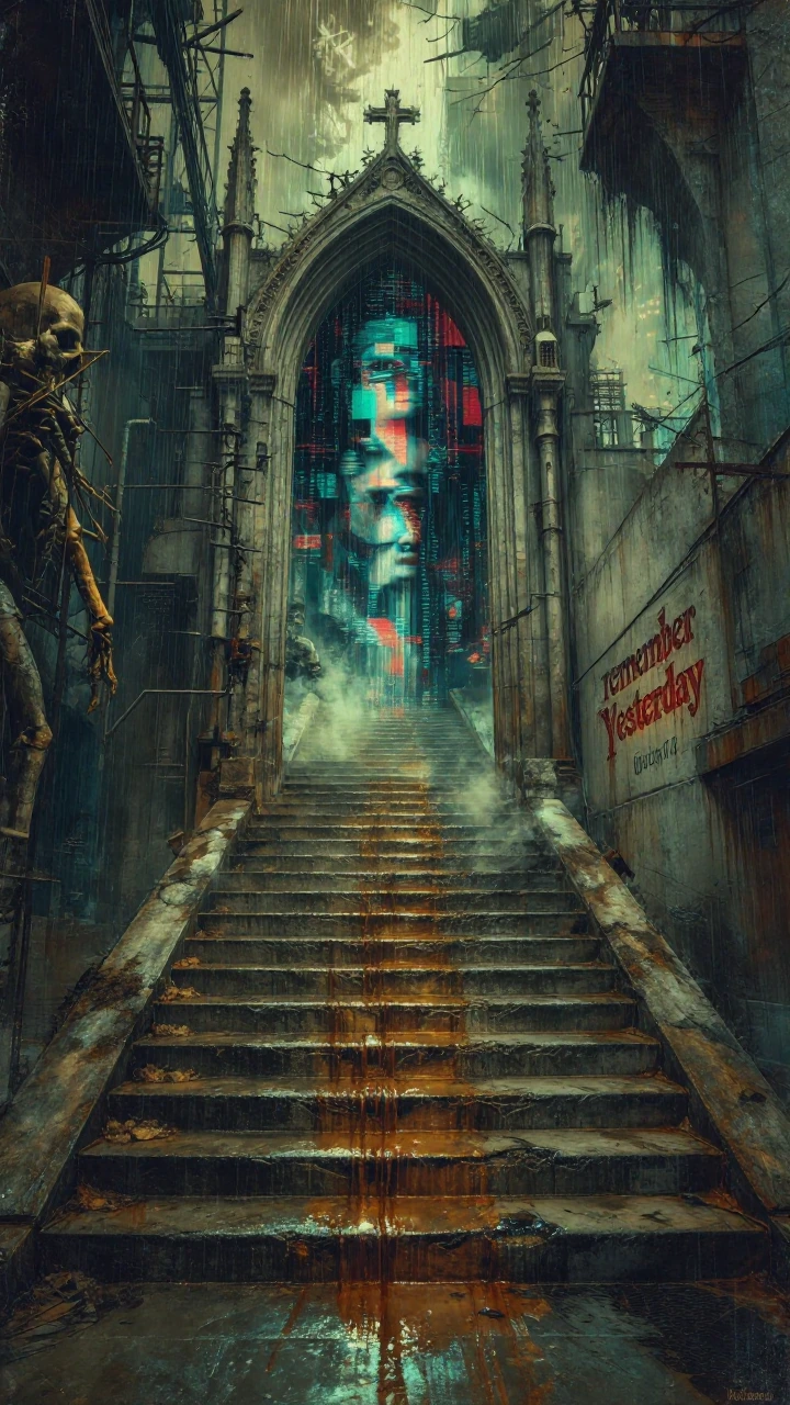 Monumental brutalist concrete staircase ascending into toxic amber smog, each step crumbling and slick with rust-colored condensation. The stairs lead
