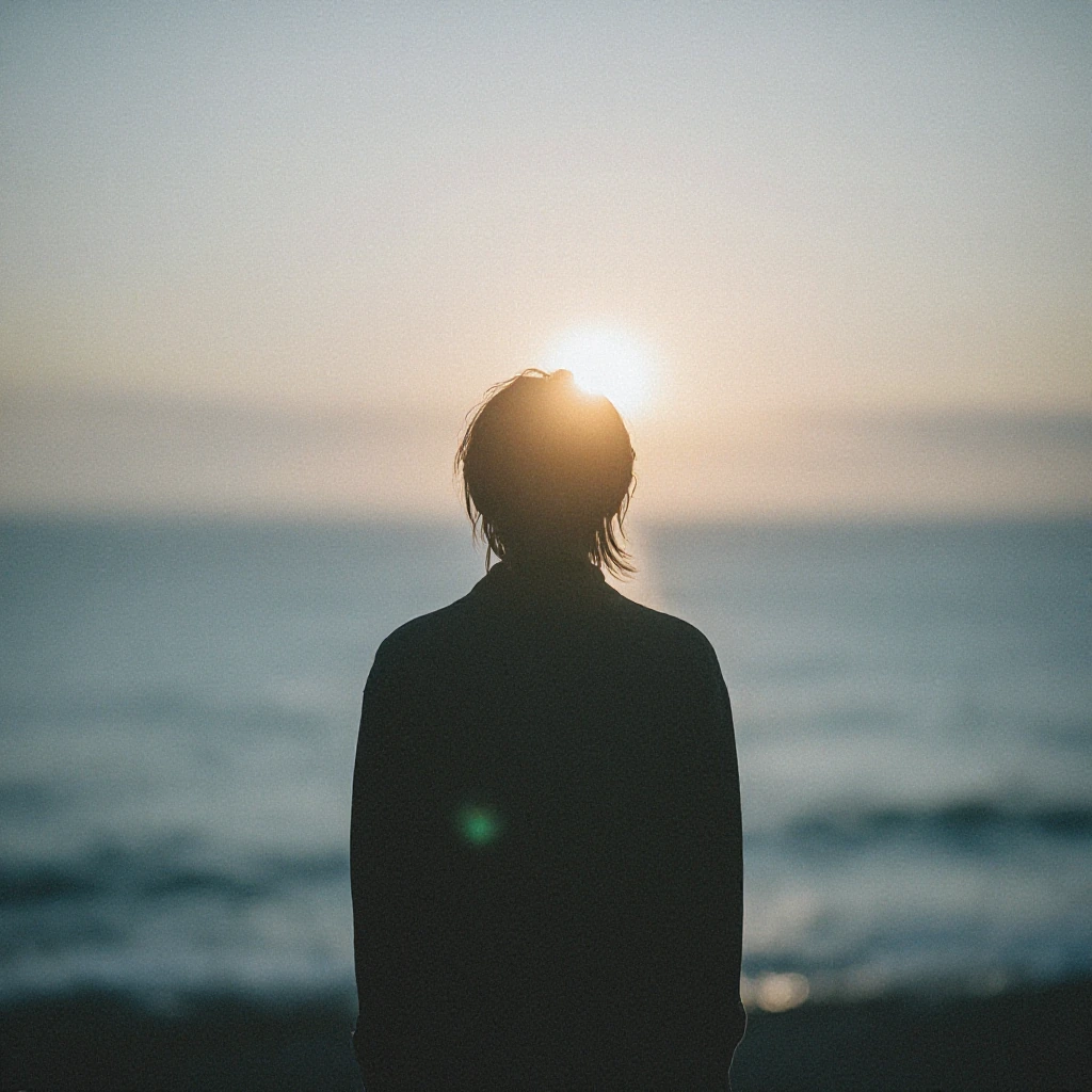cinematic portrait: solitary figure facing vast ocean at dawn, ethereal mist