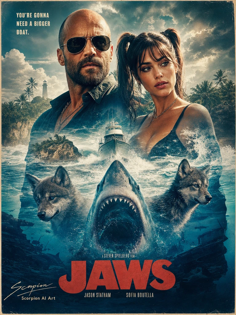 Jaws Movie Poster Montage (Double Exposure Style) Prompt: Create a hyper-realistic cinematic double exposure masterpiece inspired by an iconic ocean thriller movie poster. Feature a bald man with a trimmed beard and sunglasses beside a glamorous bomb
