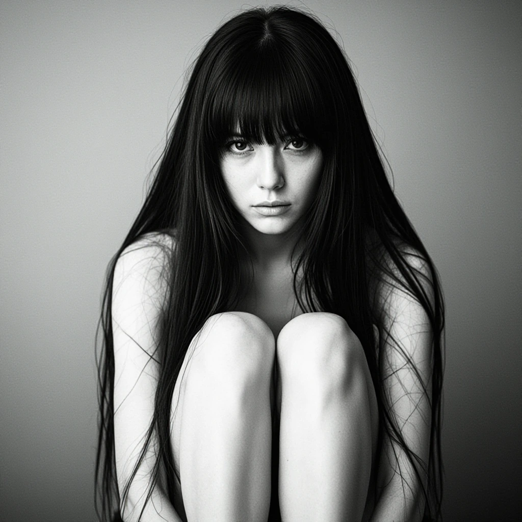 (Television background, sadako, grey skin, white pale skin, black long hair, hair over eyes, knees up), UHD, 8k, F2.5, soft lighting, amazing shading,