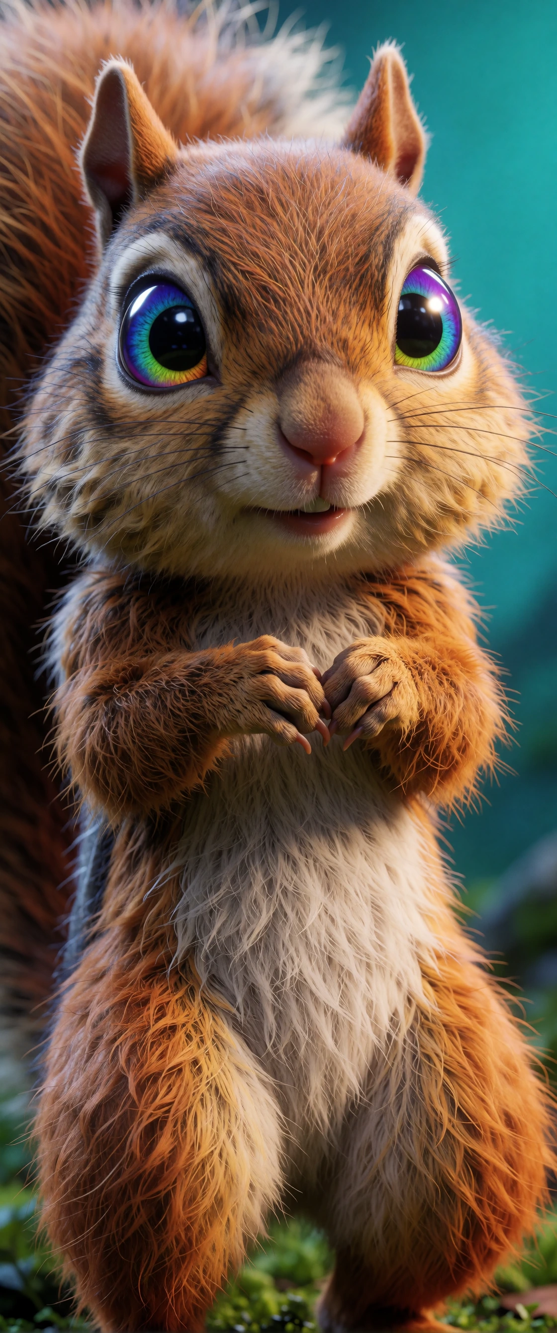 Create a 3D dynamic image of HeMan with a squirrel head. The squirrel's fur is fluffy and incredibly lifelike, as if it could pop off the screen. He stands on his hind legs in a dreamlike forest, with his tiny paws held close to his chest, capturing 