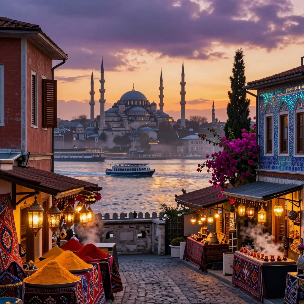Golden hour sunlight cascading through ancient Byzantine architecture, Istanbul's iconic skyline silhouetted against warm amber and deep purple twilight sky, intricate Ottoman tilework glowing with turquoise and cobalt blue glazes, call to prayer ech