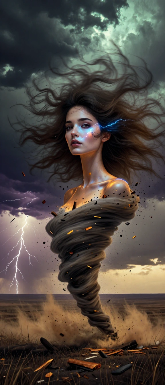 A surreal portrait of a woman whose entire body transforms seamlessly into a roaring tornado, her human face and shoulders gradually dissolving downward into a massive churning funnel of dark storm clouds and debris. The transition from flesh to temp