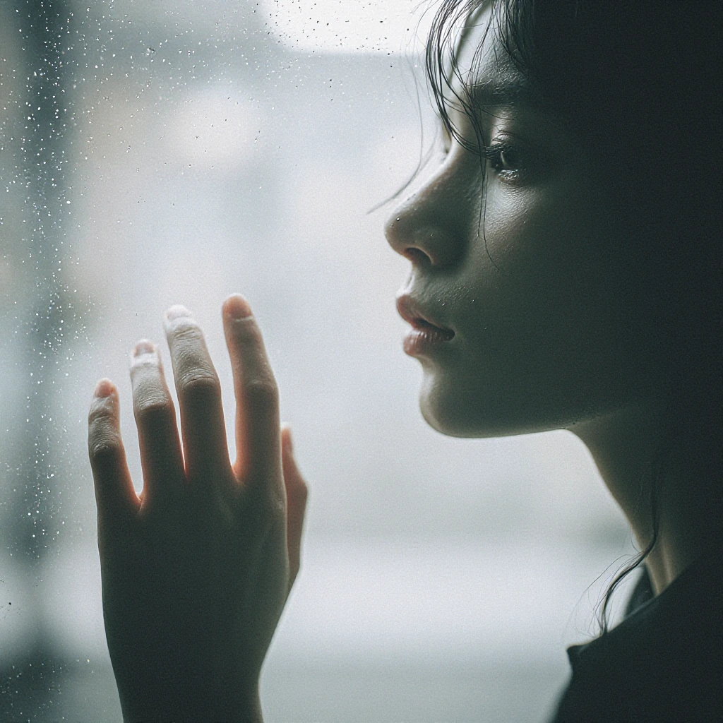 cinematic portrait of a figure touching rain-streaked glass, ethereal glow
