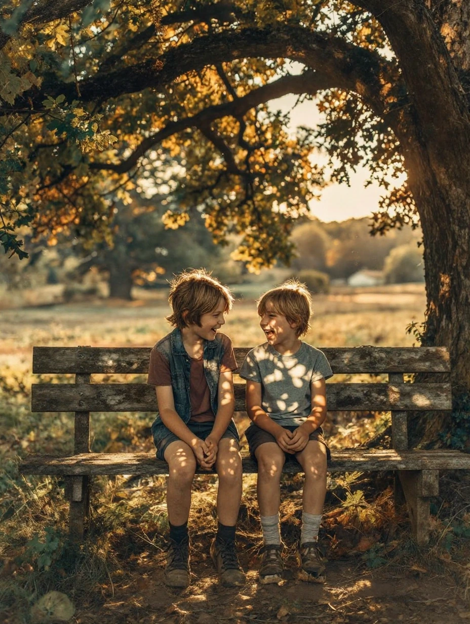 A warm, nostalgic scene of two childhood friends sitting on a weathered wooden bench beneath a sprawling oak tree, golden hour sunlight filtering thro