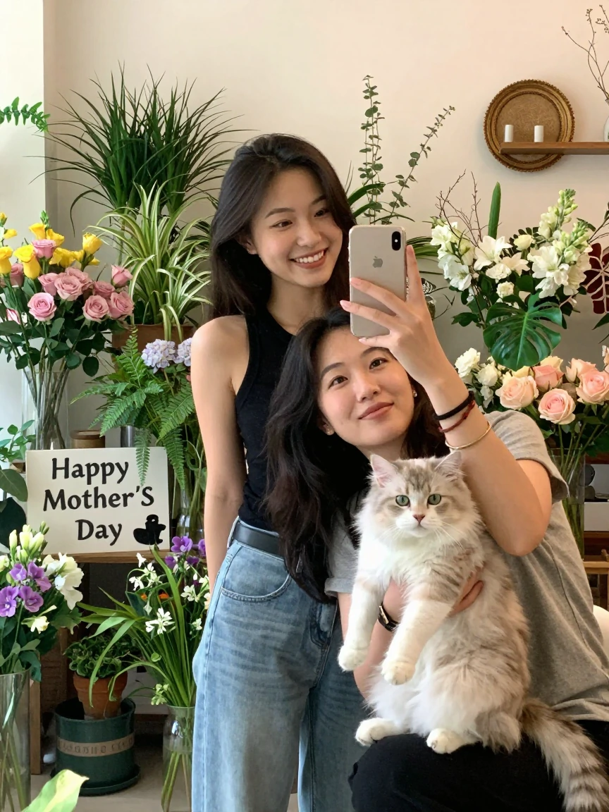 Crazy girlfriend taking a selfie with her mom and her cat. We see a lot of flowers and plants with the sign Happy Mother’s Day.