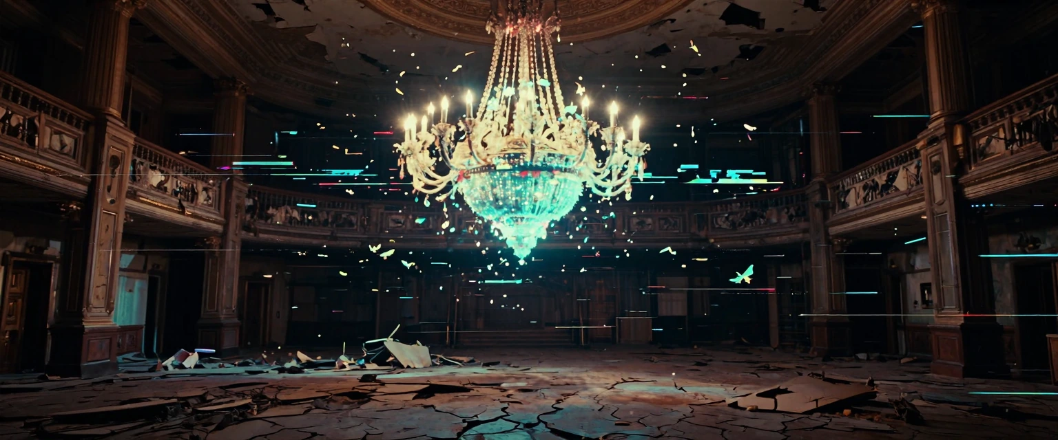 Weirdcore keyframe of “a chandelier of fireflies over a ruined ballroom” with heavy, aggressive glitch aesthetics. The image is heavily corrupted with intense low-fi digital artifacts: heavy datamoshing, severe color bleeding, VHS tracking lines, mac
