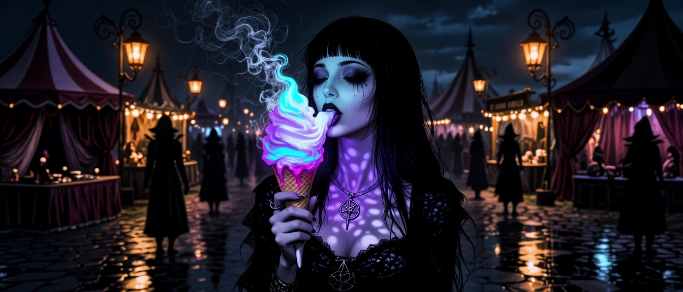 Capture a striking goth girl standing at a shadowy gypsy fairground at night, holding a supernatural ice cream cone that pulses with an otherworldly v