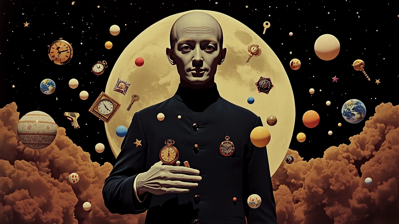 Avant-garde hand-painted keyframe in the theatrical, hand-crafted style of Georges Méliès’ 1902 film A Trip to the Moon, blended with early surrealism and modern painterly expressionism. Visible imperfect brushstrokes, textured canvas surface, slight
