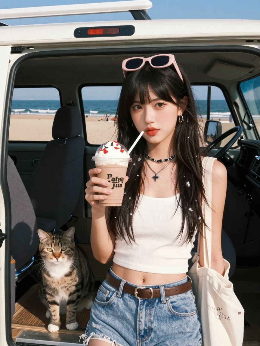 Weirdcore girl grabbing a fancy frappe at a beachside van on a very sunny day with her cat