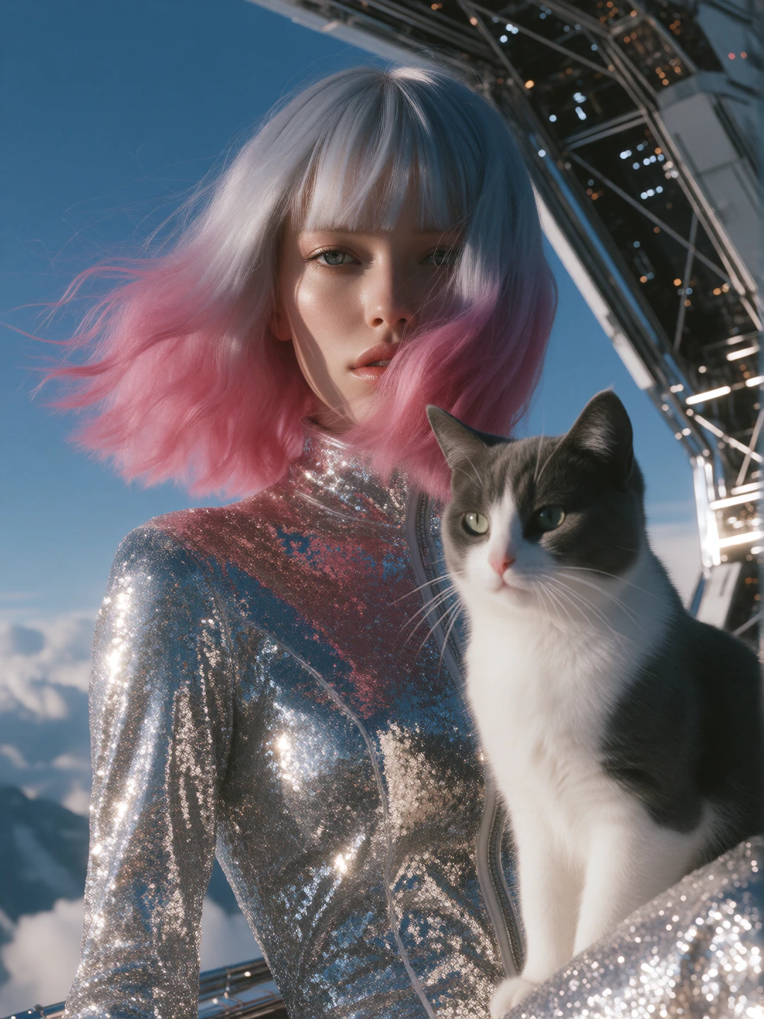 Woman, silver pink ombre hair silver eyes with her cat on a spaceship. Sparkly jumpsuit glistening in the sun