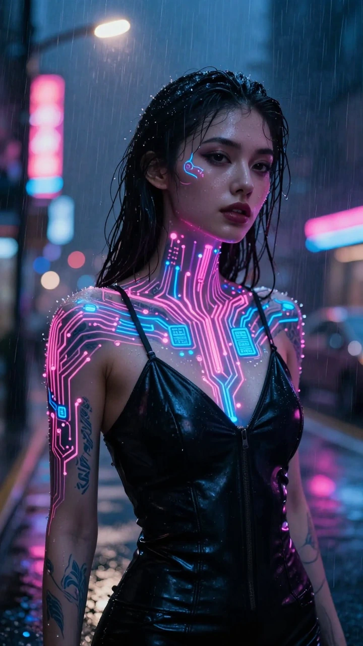 Woman with bioluminescent circuit-board tattoos crawling across her shoulders and collarbone in neon pink and electric blue, glowing softly beneath her skin. Black leather bodysuit, deep V-neckline. Standing in heavy rain on a cyberpunk street at nig