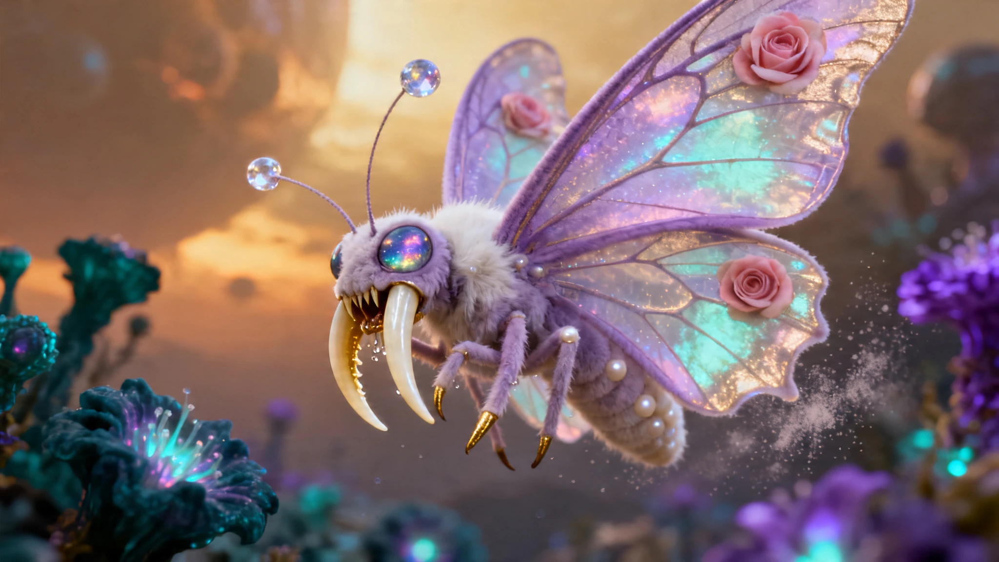 macro photorealistic alien butterfly, exotic distant planet species, vivid pastel color palette — soft iridescent lavender wings, blush rose gradients, mint and champagne shimmer, bioluminescent vein patterns glowing beneath translucent wing membrane