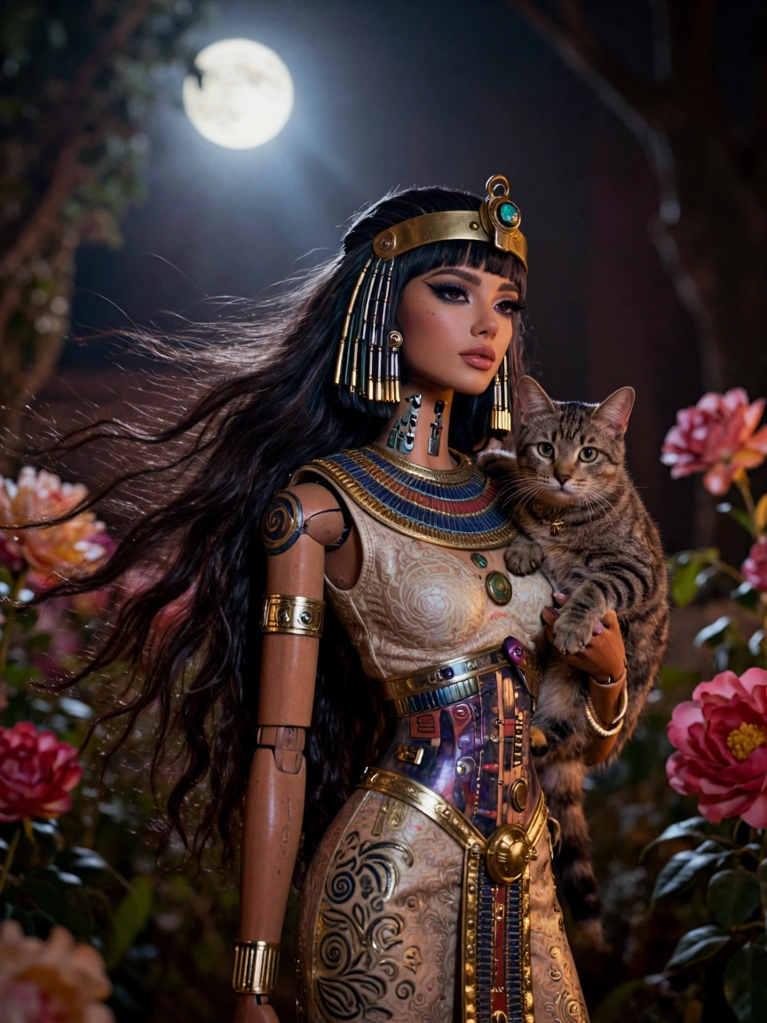 A beautiful woman with a cat, long flowing hair, ball jointed doll style, Egyptian and cyberpunk style, flowers, swirl, designs, Realistic