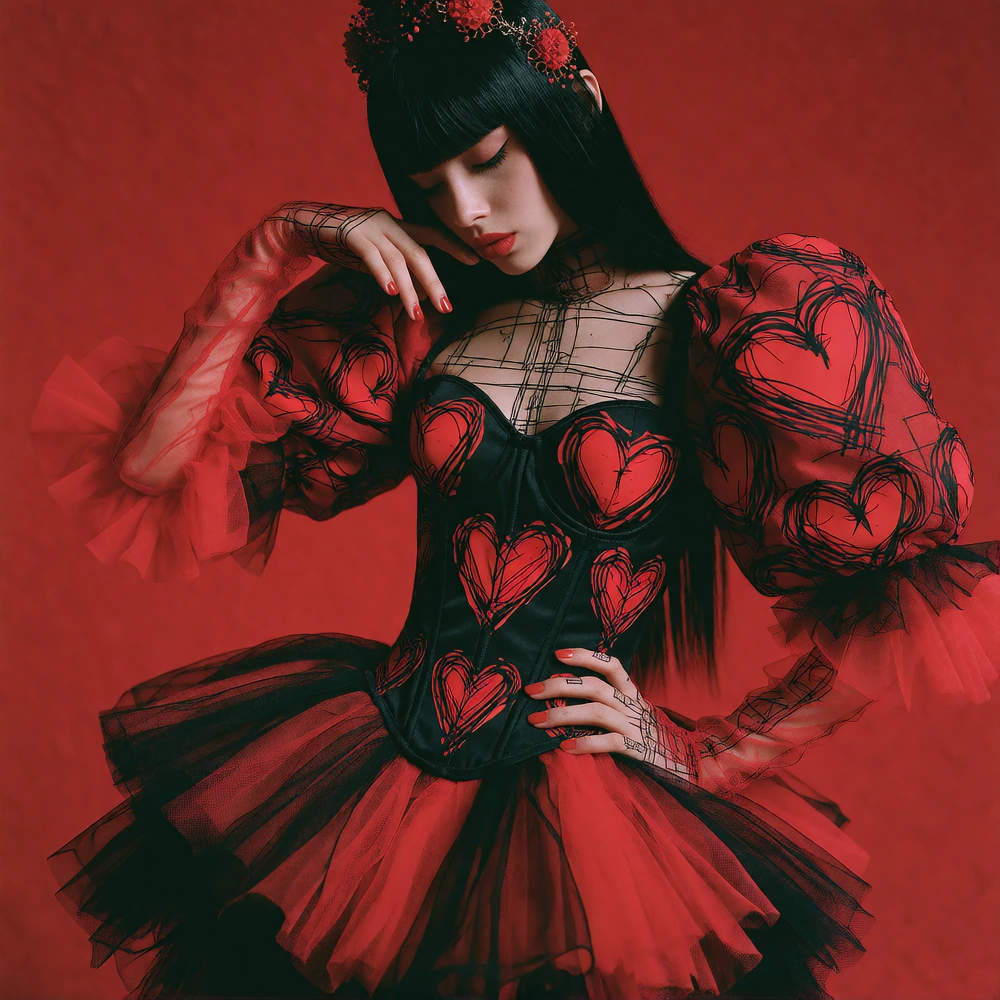 # Red Desire Against a crimson backdrop, a figure with long black hair and bangs gazes downward, hand delicately posed near her face. She wears an avant-garde outfit: a black corset adorned with red heart motifs outlined in bold black strokes, paired