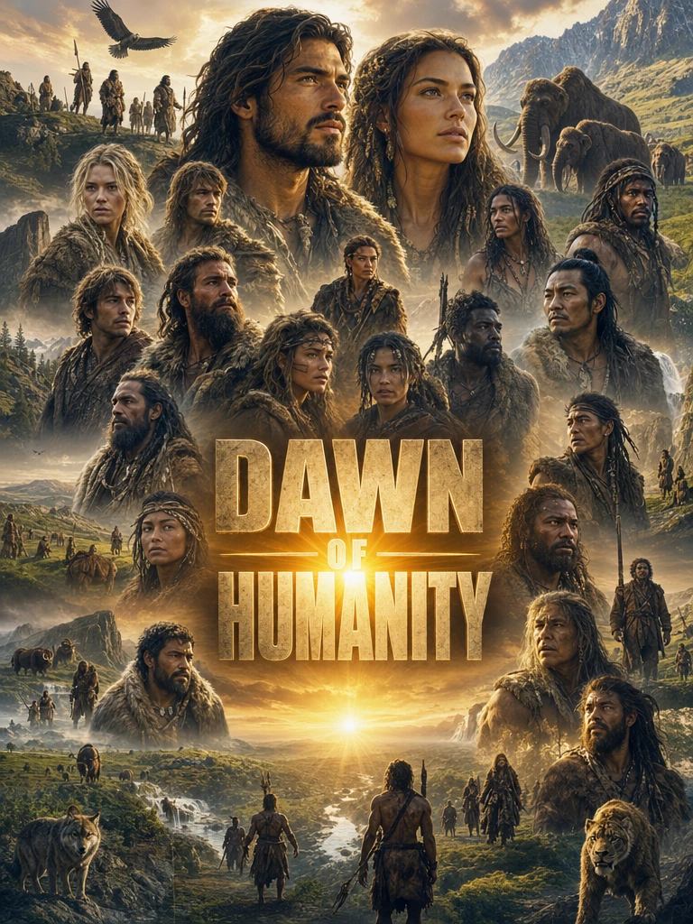 Dawn of Humanity; A composite double exposure image of handsome examples all of the known Stone Age tribes from Europe and also around the world of early pre-civilization (Ice Age Era) humanity. Background theme a golden dawn, a verdant world after t