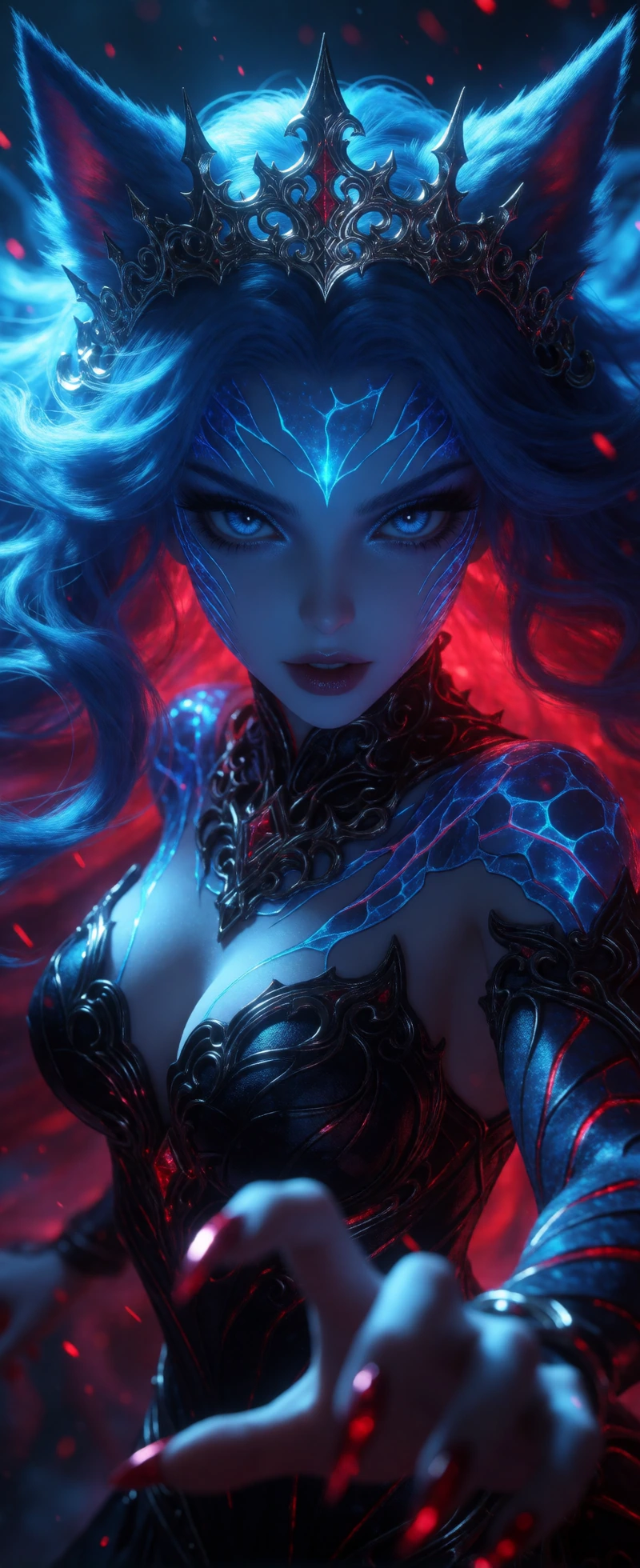 ​A dramatic, high-resolution first-person perspective portrait captures a cracked-porcelain woman in the intense process of a vampire-to-werewolf tran
