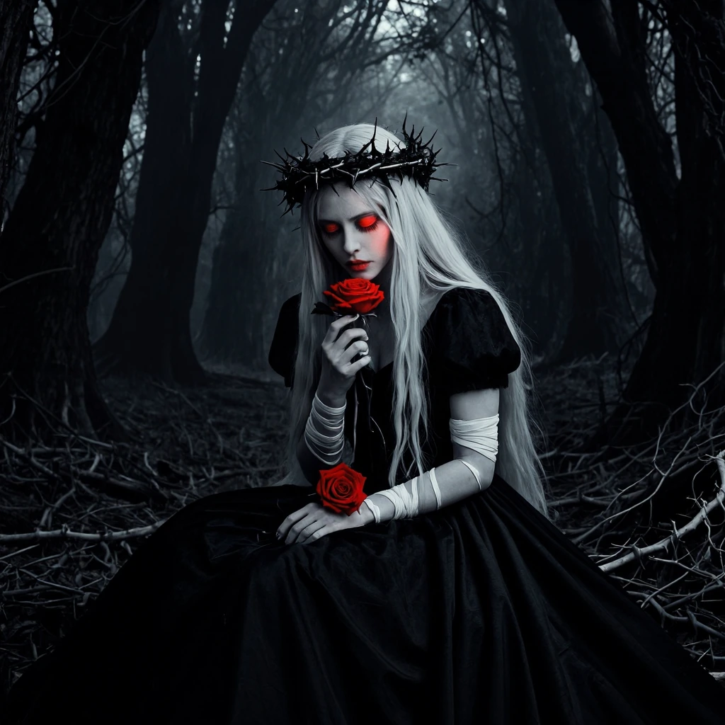 # Gothic Rose A pale, ethereal figure sits among thorny vines in a desolate forest. She wears a black gothic dress with short puffed sleeves, her porcelain skin contrasting starkly against dark fabric. Long platinum blonde hair cascades down her back