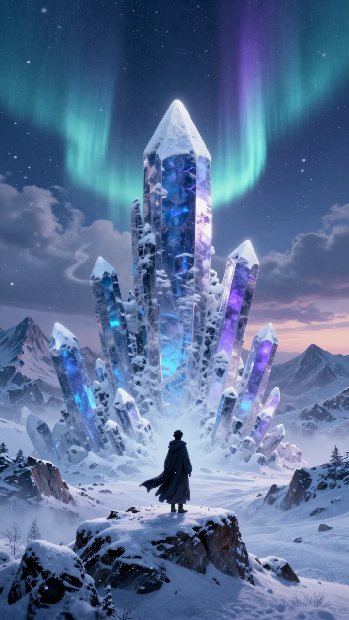 Ultra-detailed 9:16 vertical cinematic fantasy landscape, lone wanderer in dark flowing cloak standing on a snowy mountain ledge at twilight, massive ancient snow-covered crystal spires glowing softly blue and purple, gentle snowfall swirling in the
