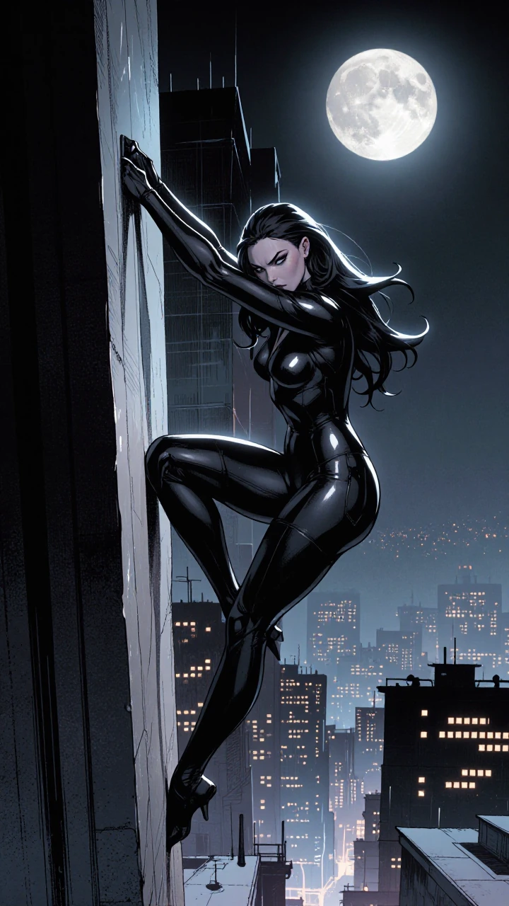 Stylized comic-book illustration of a stealthy woman with long black hair crouched and clinging to the side of a tall building at night, dynamic agile pose, full-body form-fitting glossy black bodysuit reflecting cool moonlight, dramatic rim lighting