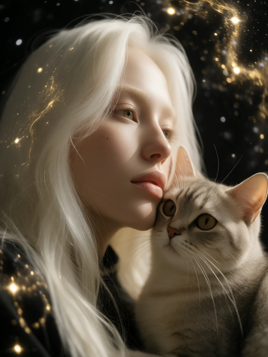 An intimate close-up portrait of an original woman with beautiful white hair and a serene cat pressed gently beside her, both looking out toward a breathtaking black and gold galaxy. The composition is tight and emotional, focusing on her luminous ha