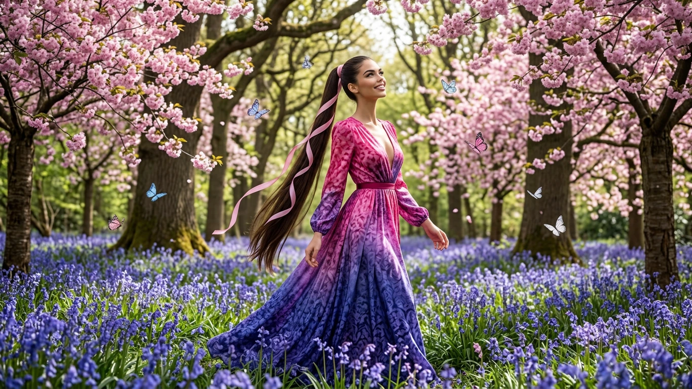 Bluebell wood with Cherry pink blossom trees; a stunning dark brown haired slender supermodel with ultra-long hair styled in a high ponytail wrapped in a cherry pink ribbon walks through the forest delighted by the dappled light and butterflies. She
