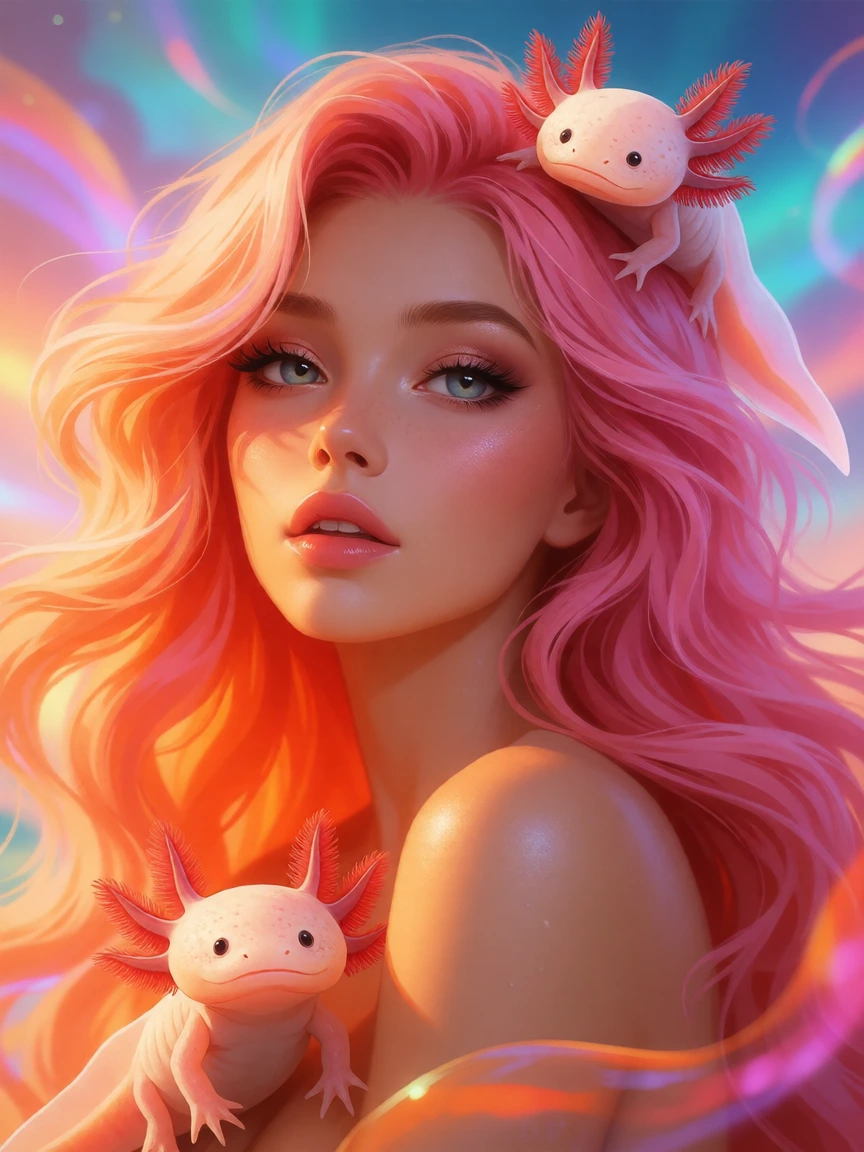 Beautiful woman, pink orange flowing hair with an axolotl. Gorgeous, artistic background.