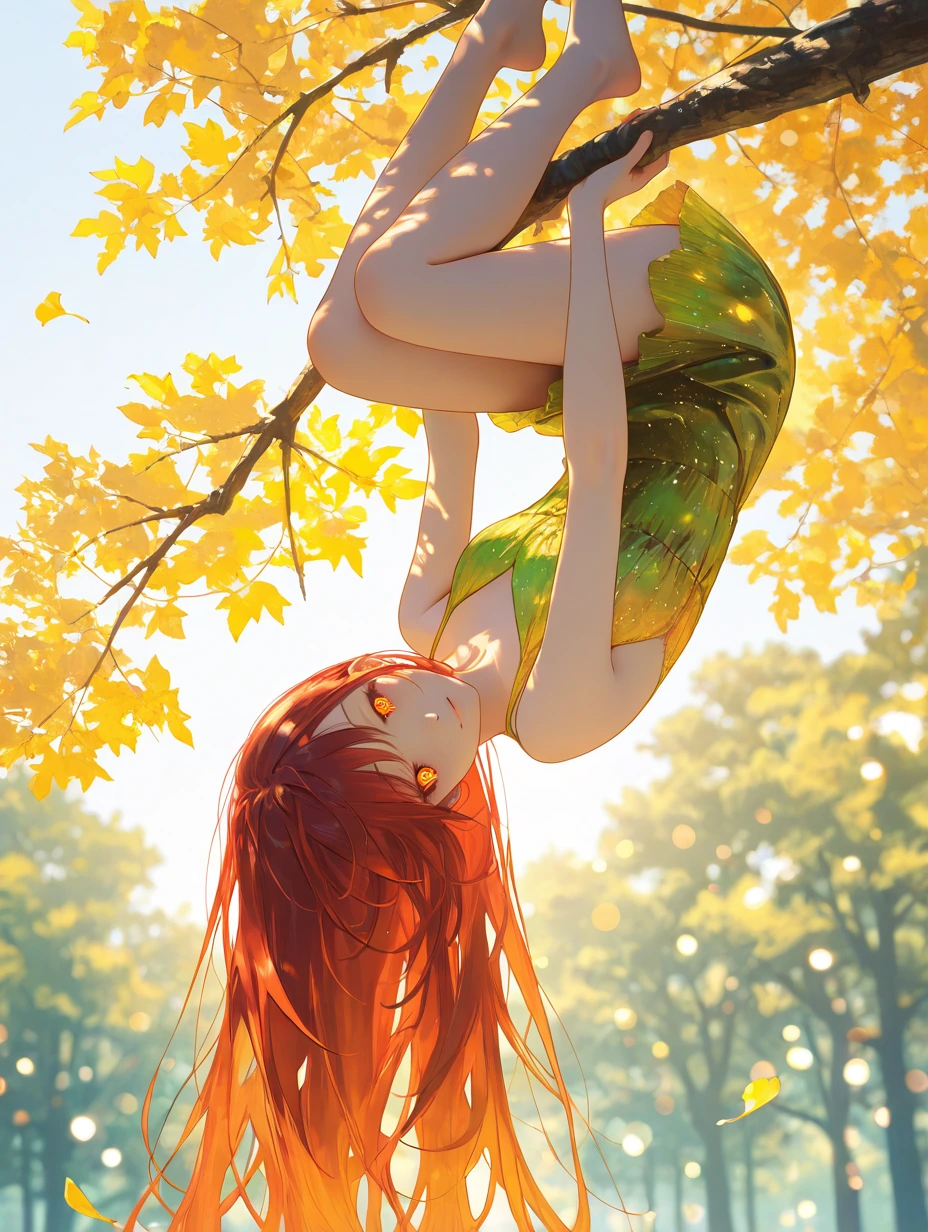 young woman with flowing hair suspended upside down from weathered tree branch, legs hooked and bent at knees, arms dangling freely toward ground below, candid joyful expression, golden hour sunlight filtering through dappled leaves creating soft sha