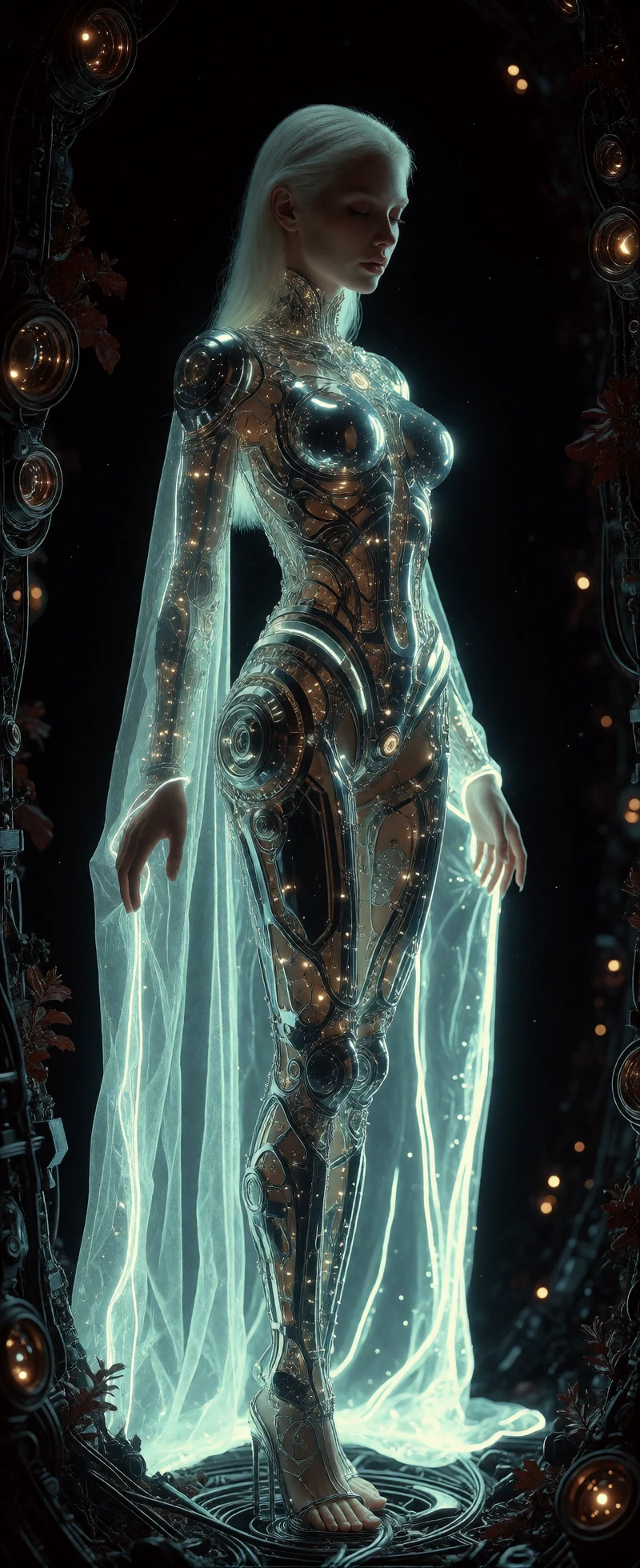 A hyperdetailed, cinematic masterwork of a striking human model standing gracefully in absolute pitch darkness, illuminated exclusively by intense, highoutput ultraviolet lights.