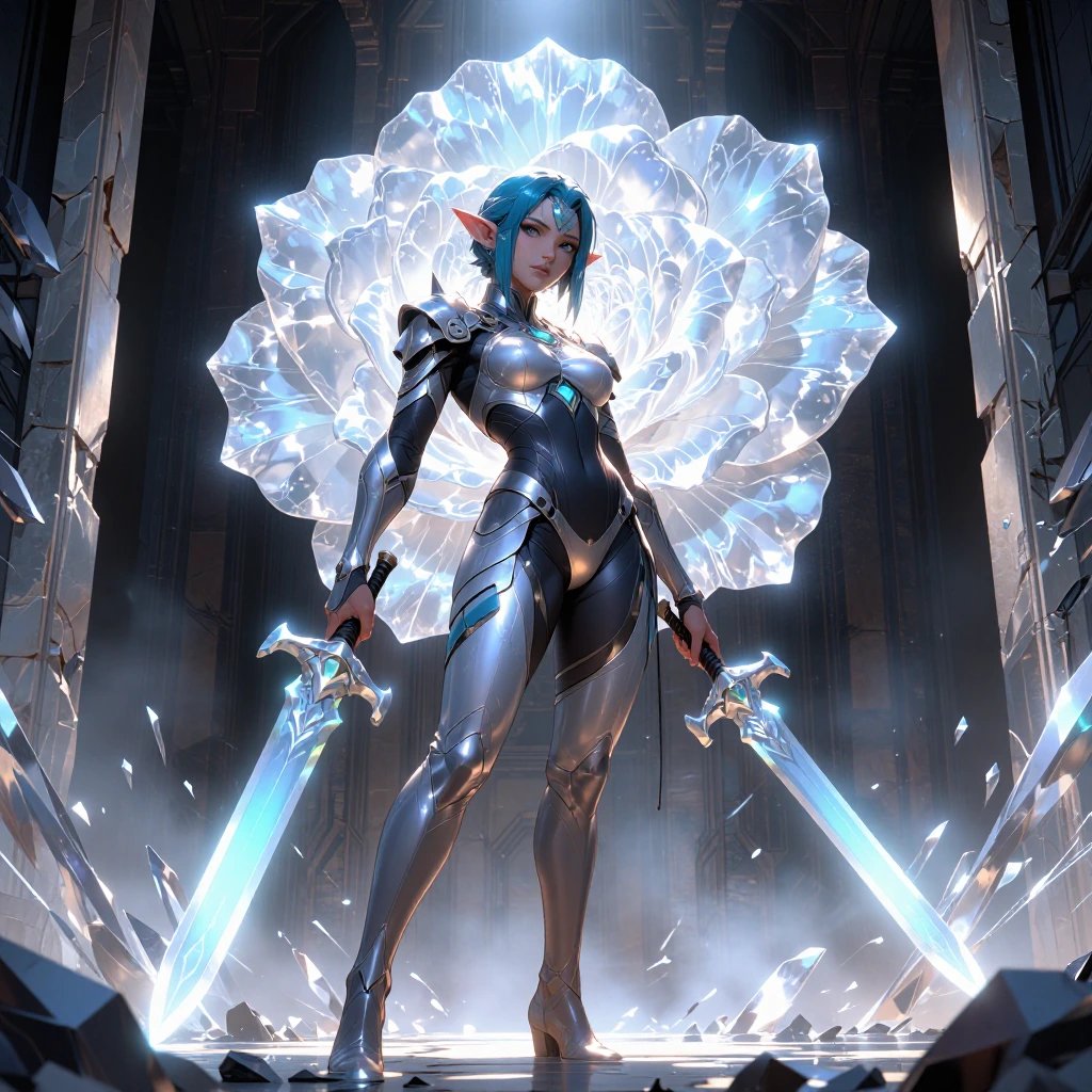 warrior elf in sleek tactical gear with ice-blue and silver accents, dual-wielding ornate crystallin…